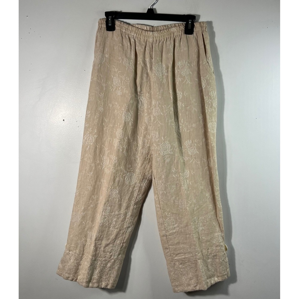 Vintage Cottage Clothing Linen Embroidered Pants M Pull Button Bow Hem Detail
